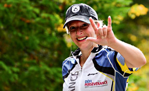 Marie-Christine Ménard, responsable des ressources humaines à l'IRIC, a participé au Défi Persévérance l'an dernier. L'activité regroupe des gens et des personnalités de tous horizons qui aiment les défis sportifs et croient en la recherche. (photo : Manuel Buscarlet) Marie-Christine Ménard, responsable des ressources humaines à l'IRIC, a participé au Défi Persévérance l'an dernier. L'activité regroupe des gens et des personnalités de tous horizons qui aiment les défis sportifs et croient en la recherche. (photo : Manuel Buscarlet)