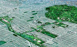 Cette vue aérienne de Montréal permet de voir le ruban vert qui partirait de l’Université, près du parc du Mont-Royal, et se déploierait vers le nord. Cette vue aérienne de Montréal permet de voir le ruban vert qui partirait de l’Université, près du parc du Mont-Royal, et se déploierait vers le nord.
