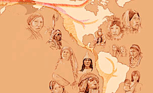 L'étude a permis de comparer le génome de 52 groupes autochtones des deux Amériques et de 17 groupes de Sibérie. (Illustration: Emiliano Bellini, pour Nature) L'étude a permis de comparer le génome de 52 groupes autochtones des deux Amériques et de 17 groupes de Sibérie. (Illustration: Nature)